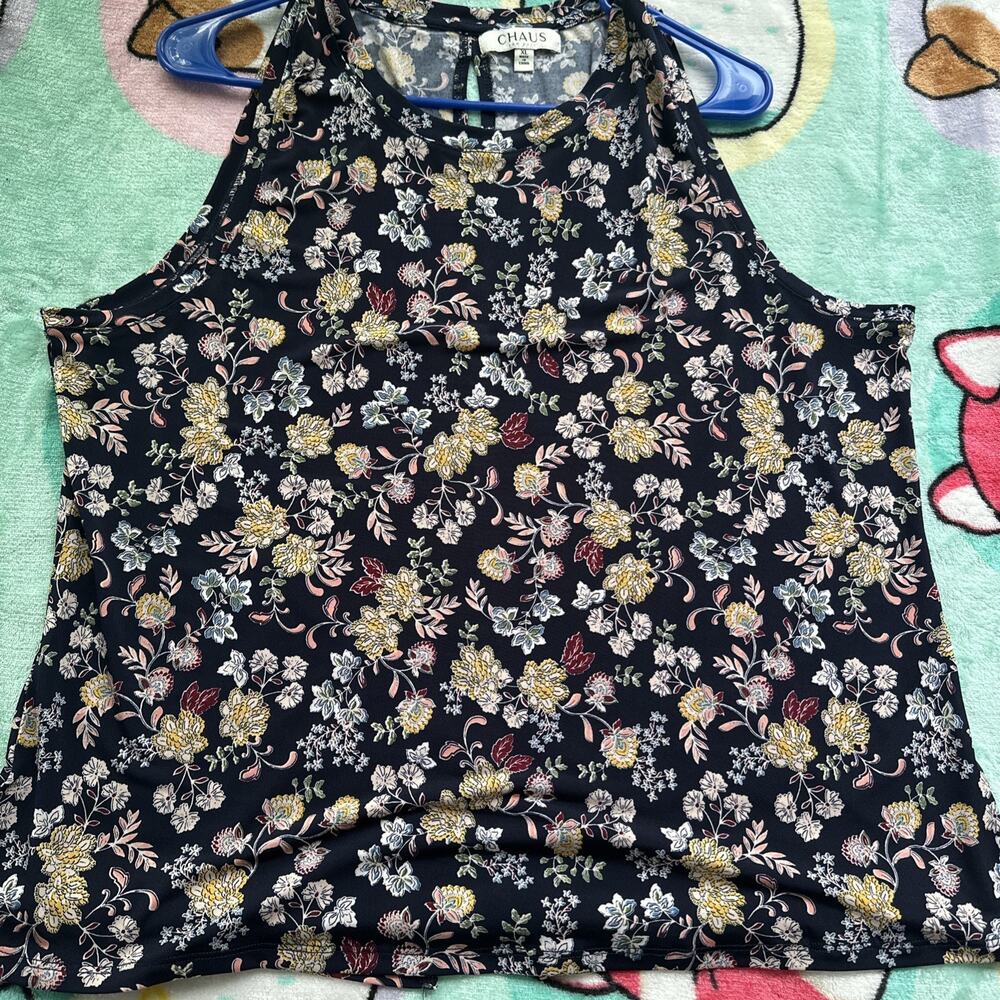 chaus womens Sleeveless Blouse top Size XL Floral Navy Lightweight Round Collar